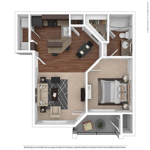 Floor plan for 1 bed, 1 bath, 640 sqft